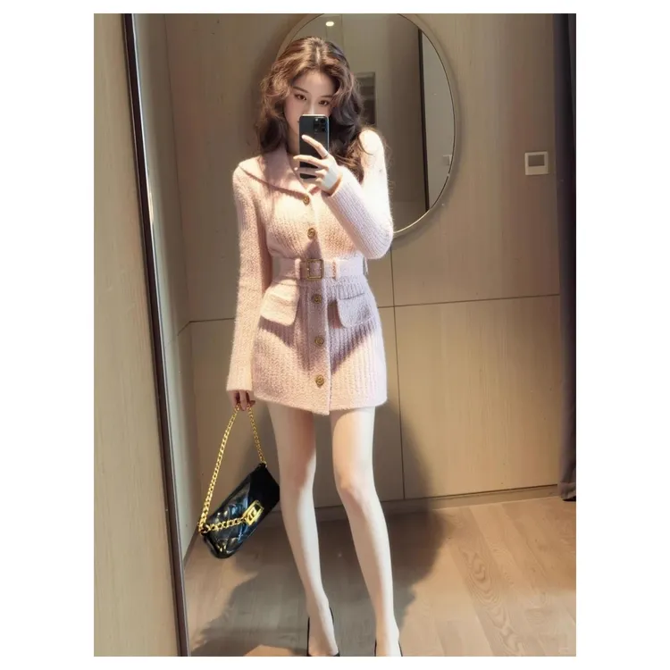 出席重要场合的裙子高端精致小香风宴会收腰小个子粉色针织连衣裙