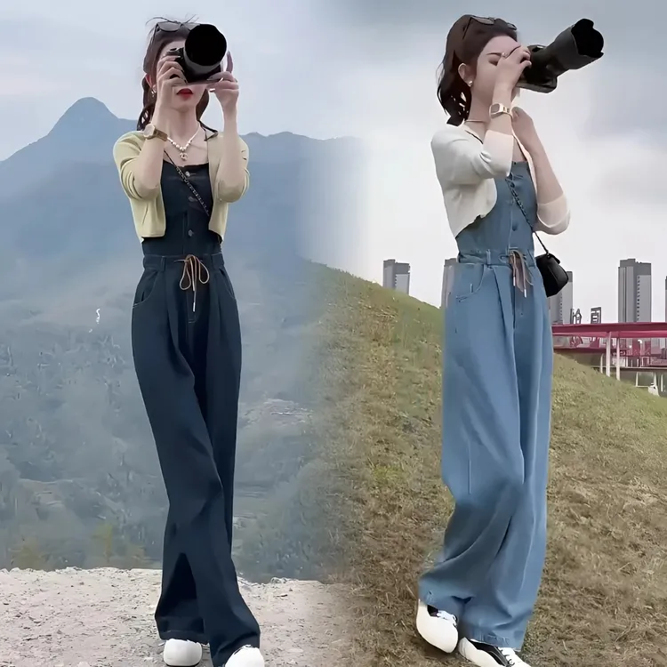 2025设计感减龄单排扣复古牛仔抹胸吊带背带裤+防晒针织开衫套装