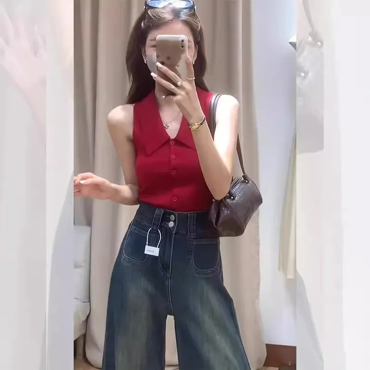 法式内搭红色翻领针织背心吊带外穿高级感冰丝坎肩无袖上衣女夏季