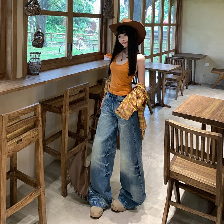 陆笙好美式复古水洗宽松阔腿裤渐变斑斓猫纹直筒牛仔裤女秋冬新款