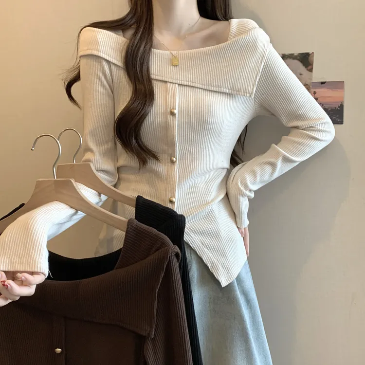 轻熟风法式秋冬修身毛针织衫女长袖圆领开衫方领显瘦洋气小众上衣