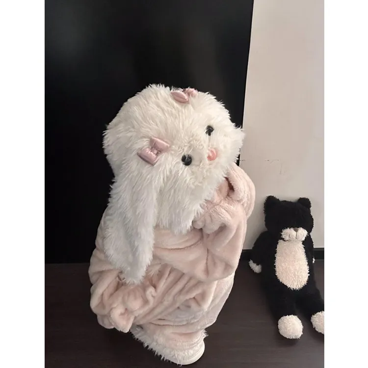 冬季新款加厚可外穿家居服套装甜美少女心可爱长耳兔珊瑚绒睡衣女