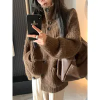 慵懒宽松高领纽扣设计毛衣外套女秋冬加厚开衫