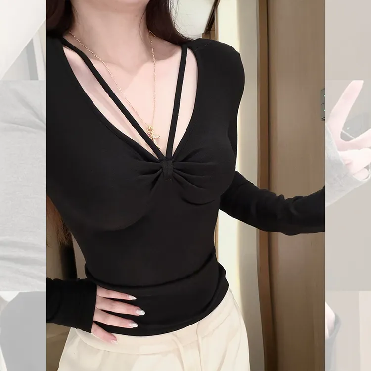 白色V领系带褶皱长袖T恤女2025秋冬新款显瘦露锁骨修身打底衫上衣