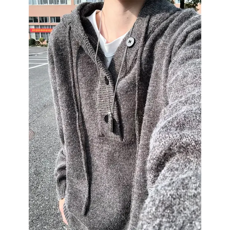 深灰色针织连帽卫衣男款秋冬季美式复古纽扣慵懒风毛衣情侣装外套