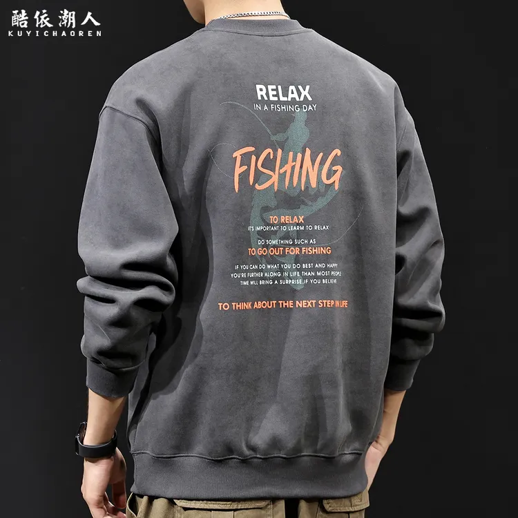 云染洗褪印花2025新款简约卫衣男士潮牌宽松大码休闲高端加绒衣服