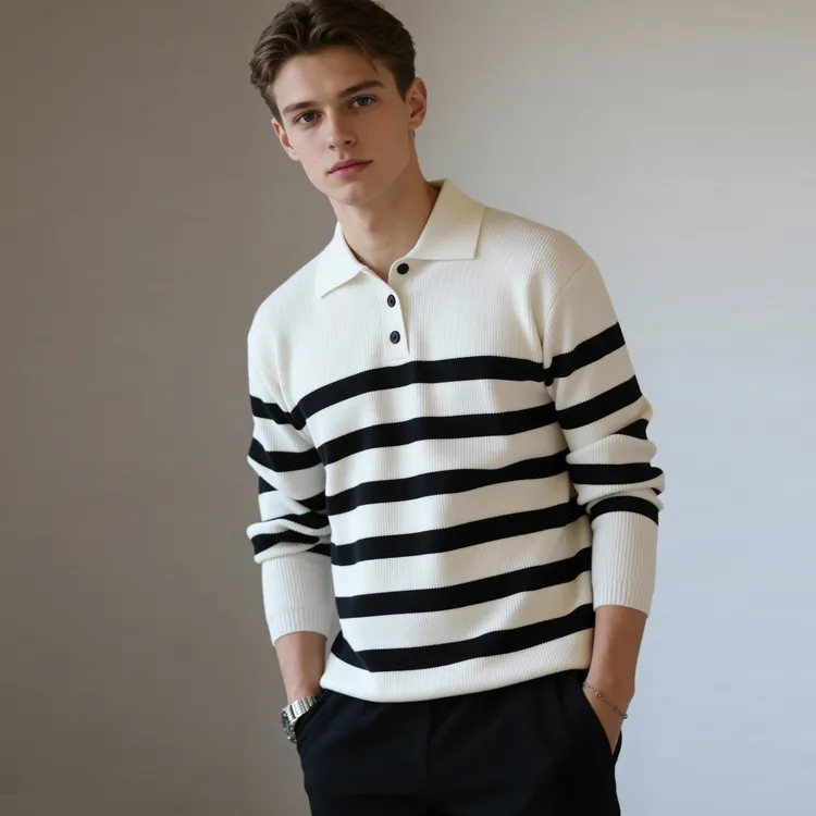 老钱风条纹POLO领针织衫男士秋冬季休闲加厚高级感打底衫毛衣上衣