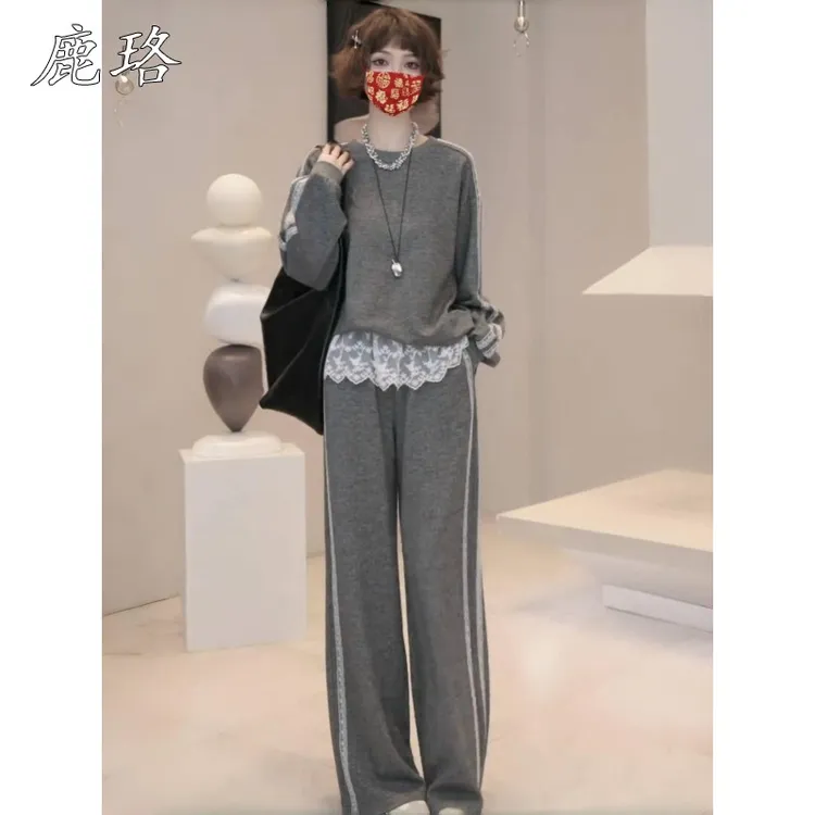 春季穿搭套装女2025超火韩系时尚休闲蕾丝拼接卫衣阔腿裤两件套