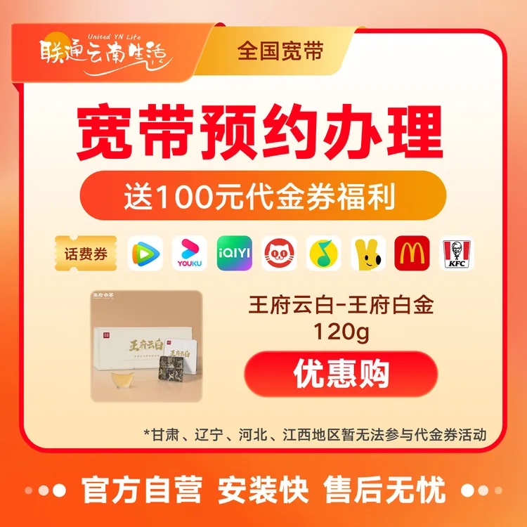 【联通专享】1000M宽带预约-优惠购王府云白·王府白金（120g）