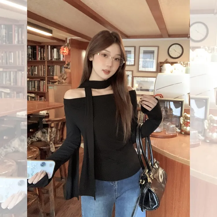 性感纯欲围脖系带长袖T恤女2025秋季新款修身显瘦设计感上衣