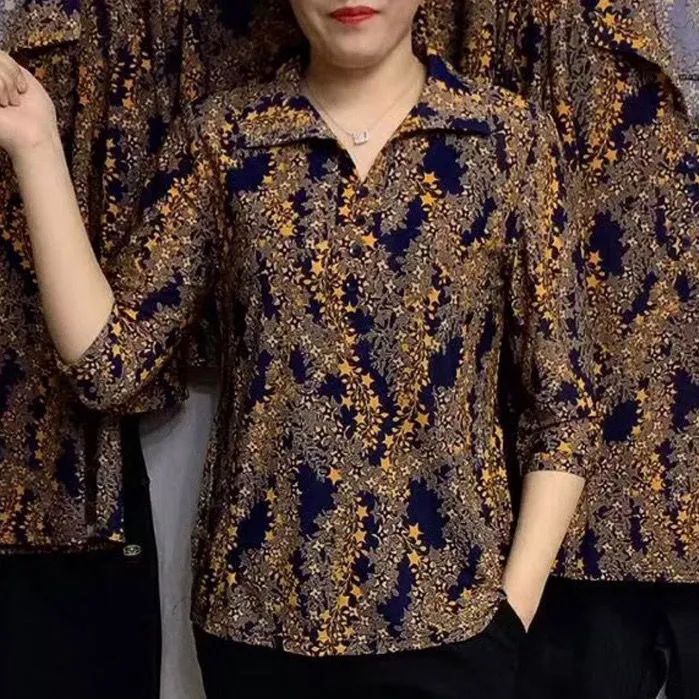 加宽加大t恤2025新款大码老年花色套头海草花长袖衬衫妈妈装夏季