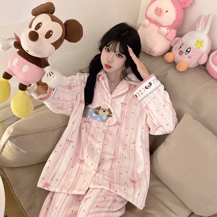 珊瑚绒秋冬季睡衣女可爱保暖大码加厚加绒外穿卡通少女家居服套装