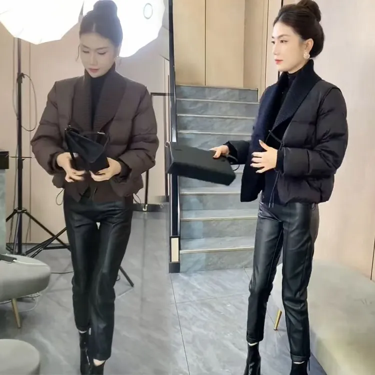 2025冬季新款韩版时尚毛巾披肩领短款棉服外套女高级感简约棉衣潮