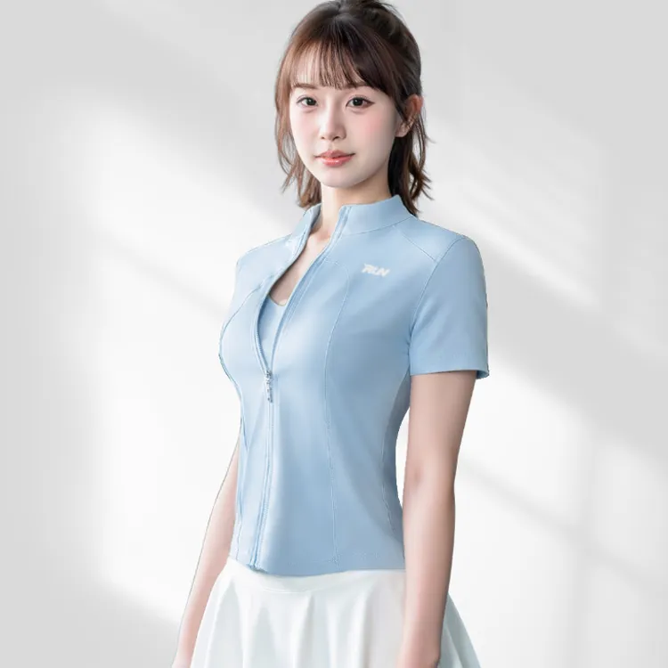 夏季短袖外套女弹力立领修身裸感骑行马术台球健身瑜伽运动开衫