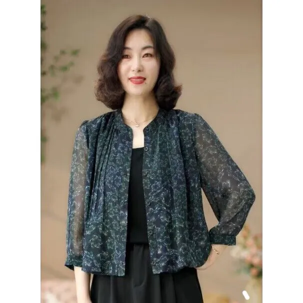 【涧蓝正品】妈妈装夏季新款印花衬衫女七分袖时尚衬衣显瘦防晒衣