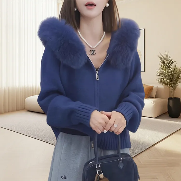 高档洋气休闲风连帽毛衣大毛领保暖外套蓝色双拉链设计感针织开衫
