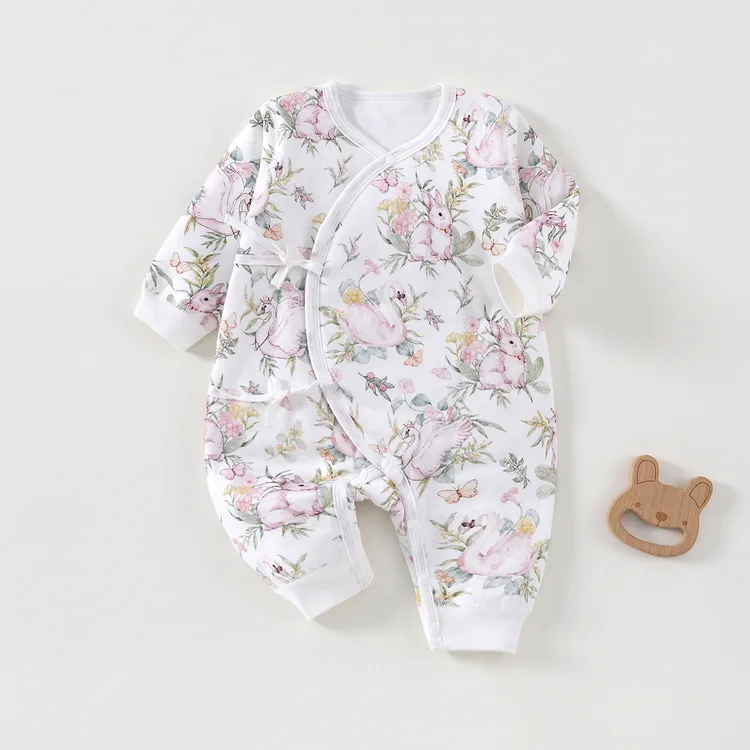 新生儿60克夹棉薄棉连体0-6个月初生宝宝系绳冬装蝴蝶衣哈衣爬服