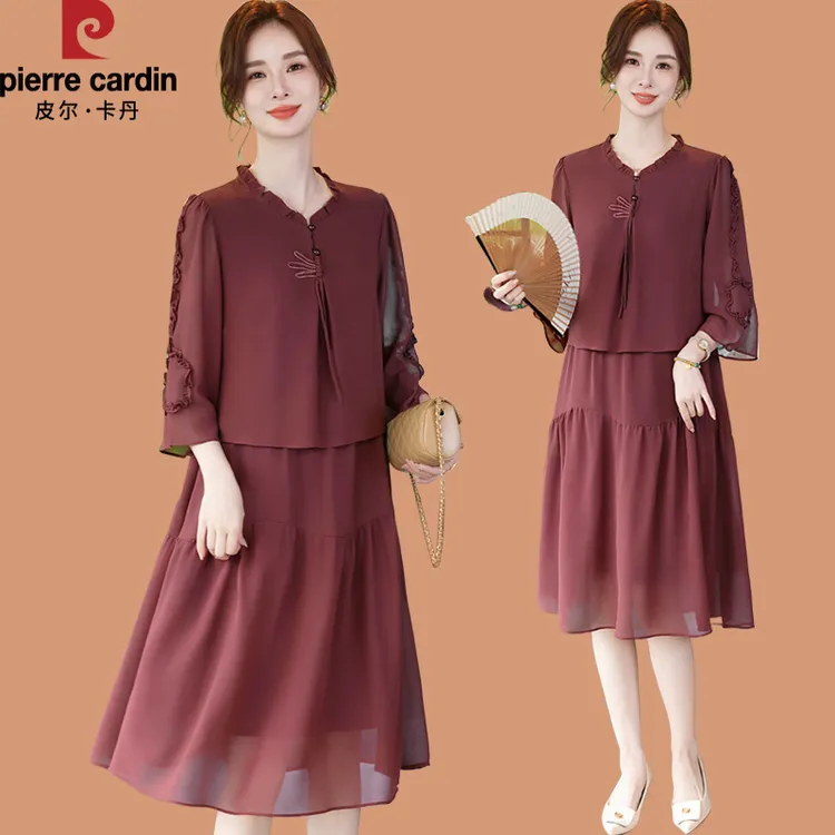 皮尔卡丹新中式妈妈夏装连衣裙国风雪纺裙2025新款中老年女装夏季