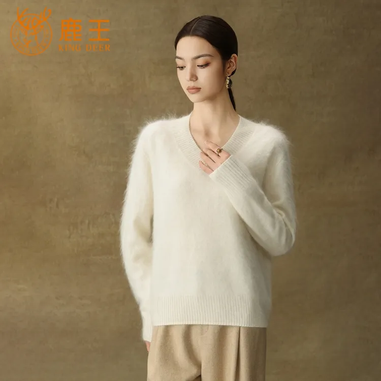 鹿王25秋冬新款女V领100山羊绒纯色休闲百搭拉毛绒套衫 厚 8093