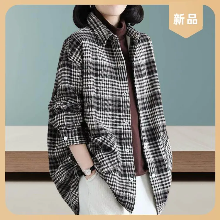折扣复古厚外套显瘦衬衫加绒女宽松撤柜翻领品牌上衣格子磨毛洋气