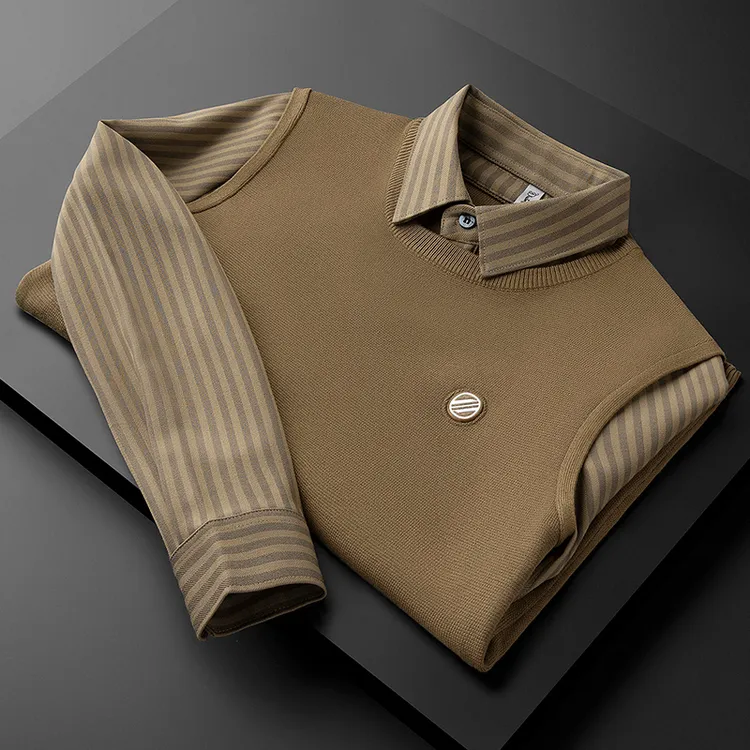 轻奢冬季厚款保暖假两件衬衫领毛衣男长袖修身商务休闲针织衫男士
