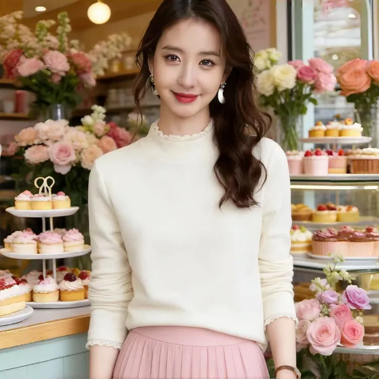 磨毛蕾丝花边立领打底衫女秋冬新款半高领绒感纯色保暖大衣内搭