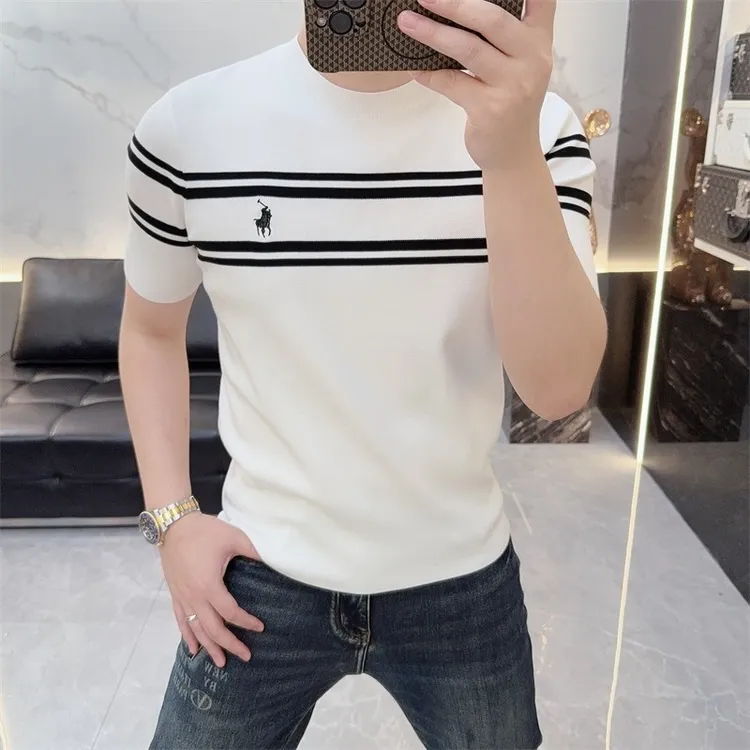 毛衣男2025秋季新款欧货修身帅气百搭条纹徽章圆领休闲短袖针织衫