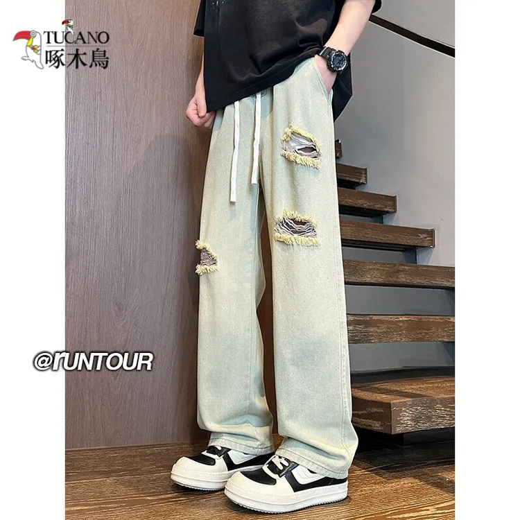 啄木鸟破洞牛仔裤男渐变hiphop阔腿裤美式高街裤子