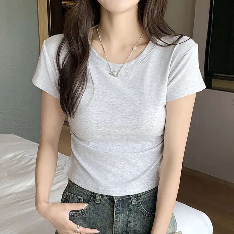 圆领短袖T恤女夏季外穿新款修身显瘦打皱设计辣妹打底衫上衣白色