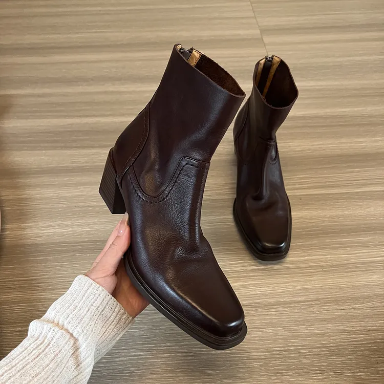 老钱风真皮粗跟通勤短靴女靴2025新款后拉链时装靴6cm高跟瘦瘦靴