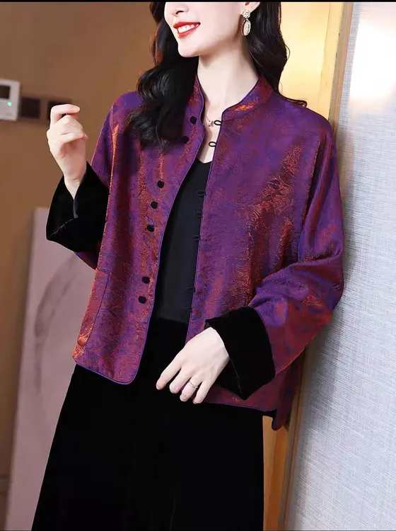 双面穿提花缎面气质丝绒短外套女秋冬立领宽松新中式中国风唐装