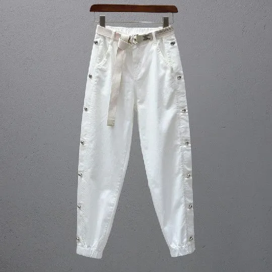 裤子女松紧腰休闲裤2025春夏新款欧货白色束脚萝卜裤显瘦哈伦裤