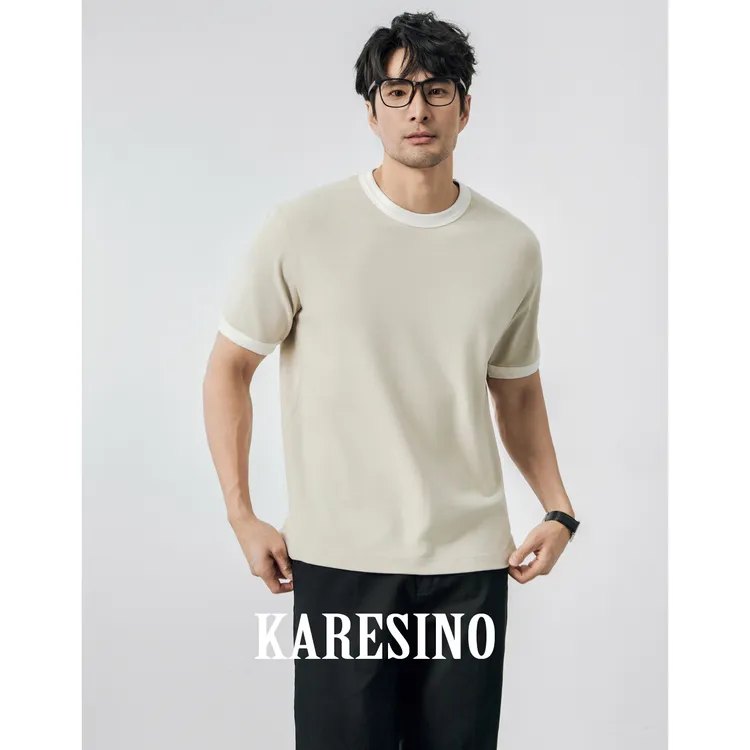 KARESINO秋季男士加厚撞色拼接圆领T恤打底衫休闲百搭纯色短袖男