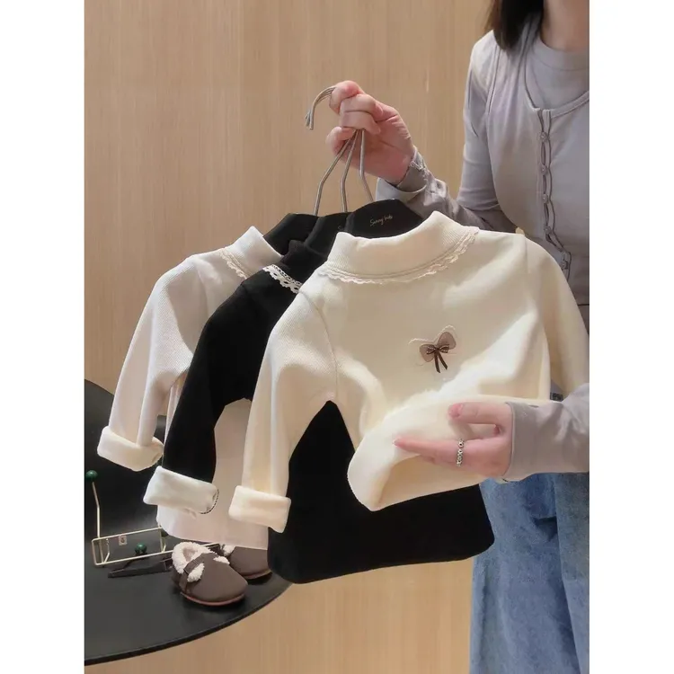 女童洋气一体绒打底衫秋冬装宝宝百搭加绒蝴蝶结上衣儿童保暖内搭