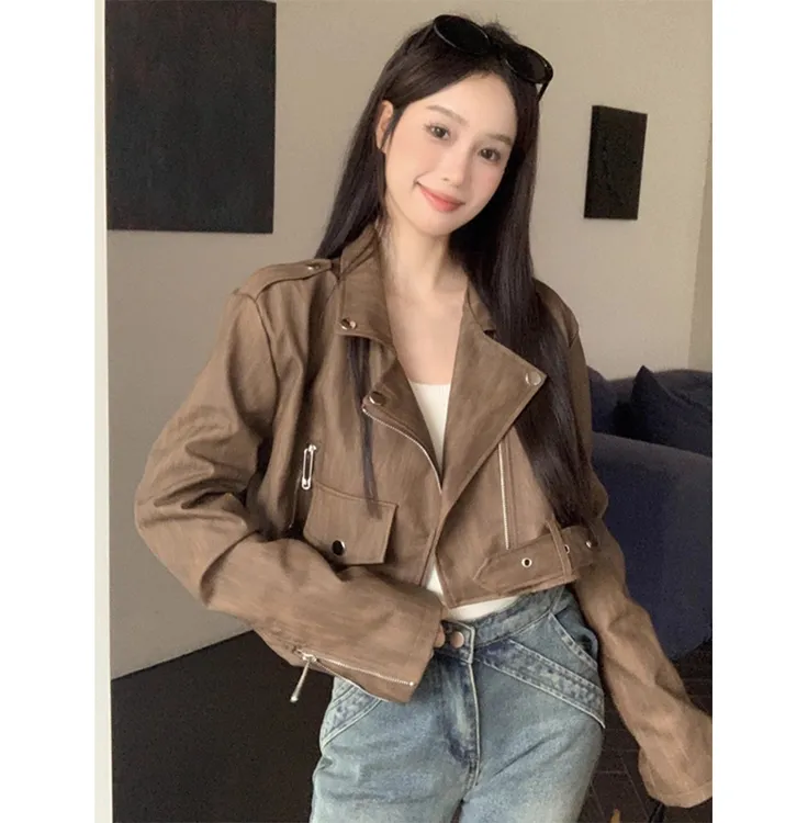 美拉德复古西装领pu皮衣外套女春秋宽松高腰短款咖色机车夹克上衣