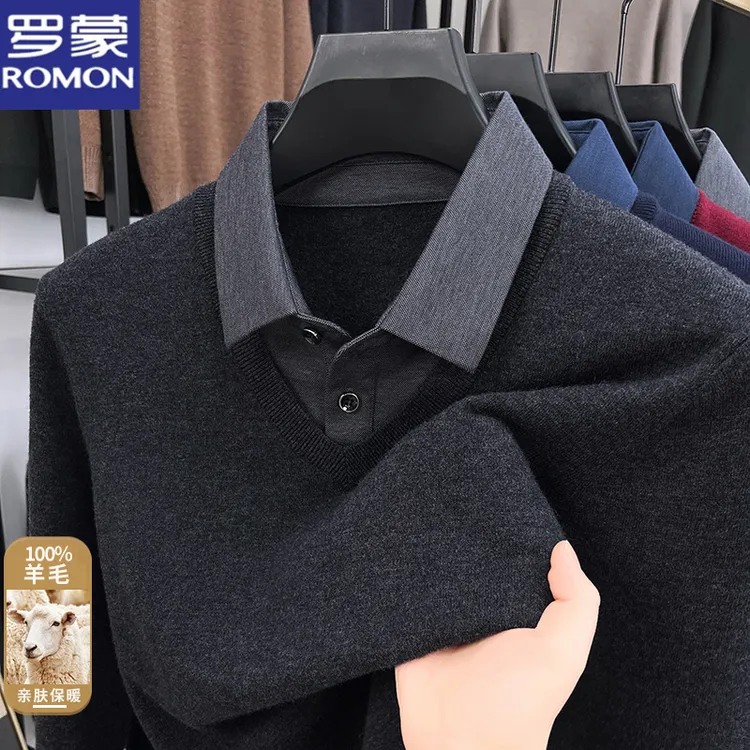 罗蒙100%羊毛衫假两件加厚保暖衬衫领针织衫冬季男士商务休闲毛衣