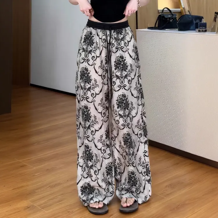 慵懒风印花垂感阔腿裤女夏季薄款大码胖mm高腰宽松显瘦遮胯休闲裤