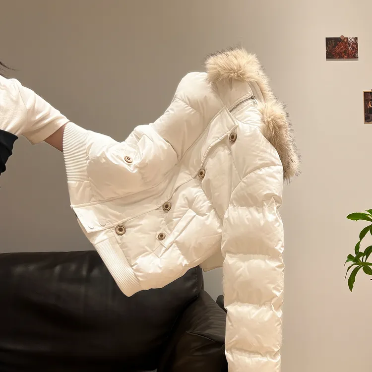 白色毛领连帽可拆卸棉服女2026秋冬新款加厚保暖慵懒感外套
