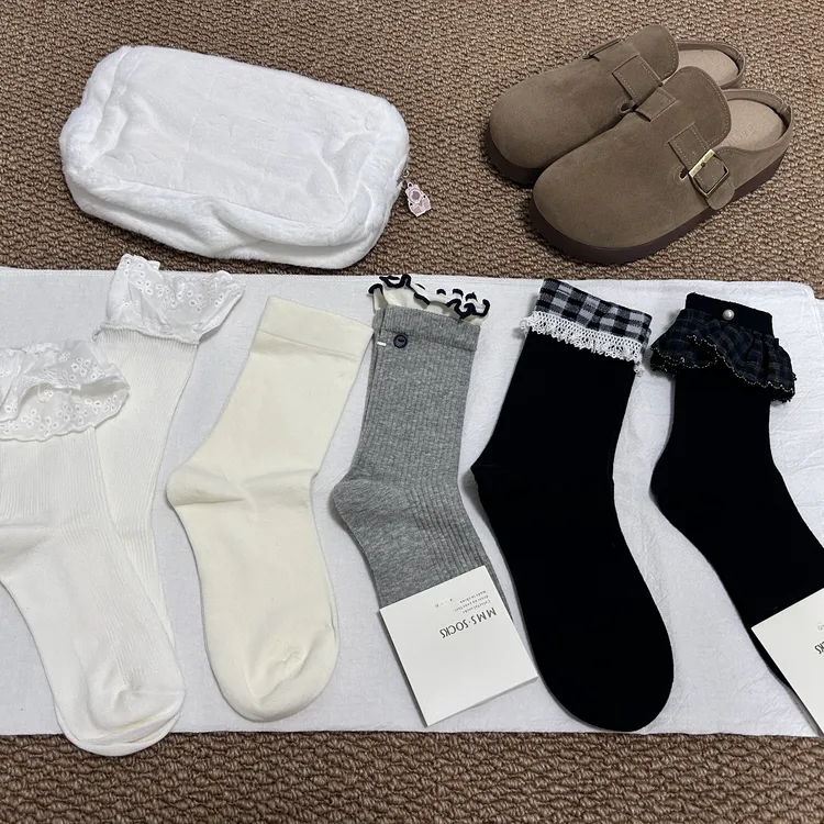 【四季组合款】黑白灰色系春秋复古珍珠花边中筒堆堆女袜ins风韩版