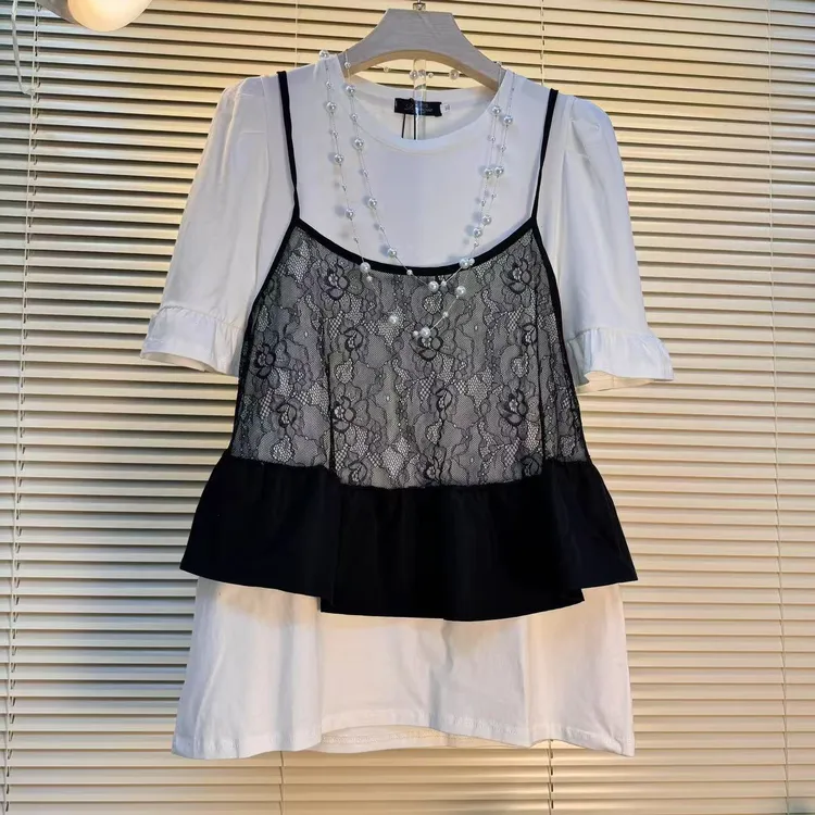 显瘦t恤大码遮肚子泡泡袖两件套女夏季胖妹妹宽松显瘦上衣打底衫