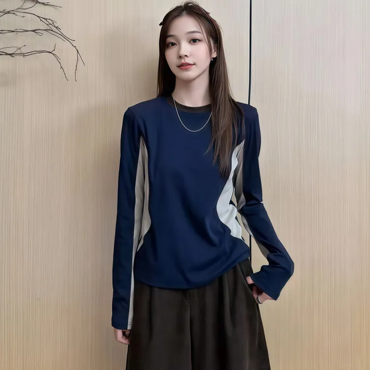 休闲风撞色拼接显瘦长袖T恤女2025秋季大码胖MM百搭修身小众上衣