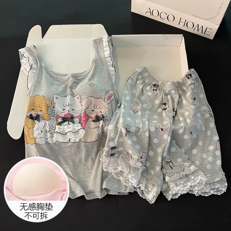 睡衣女夏季吊带凉感带胸垫2025新款灰色猫咪背心套装家居服