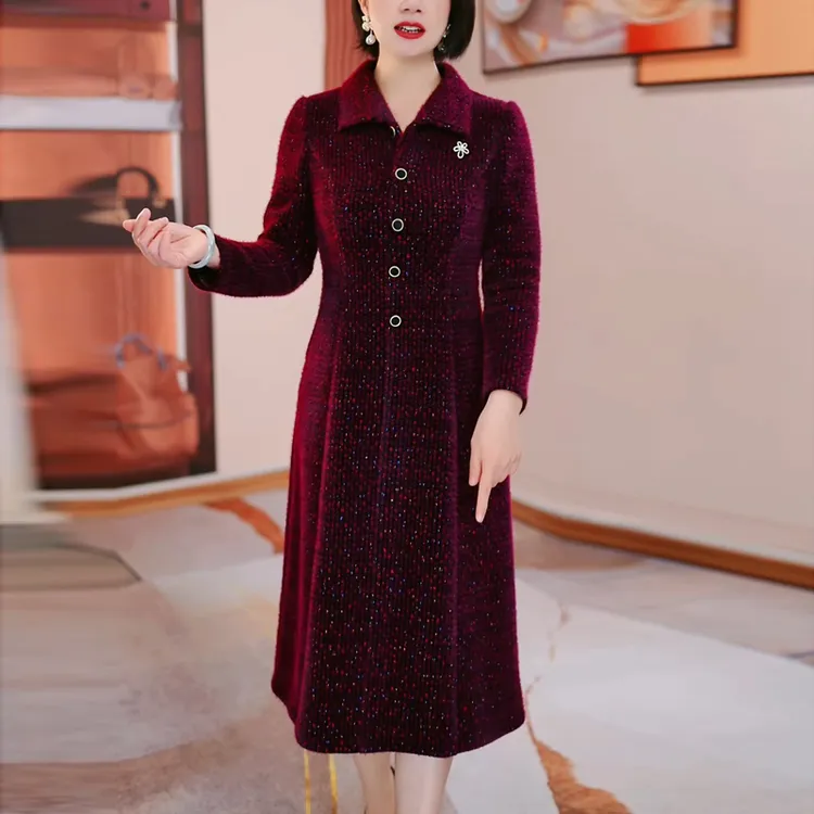 贵妃绒连衣裙2025秋冬新款中老年时尚气质显瘦遮肚子加厚保暖裙子