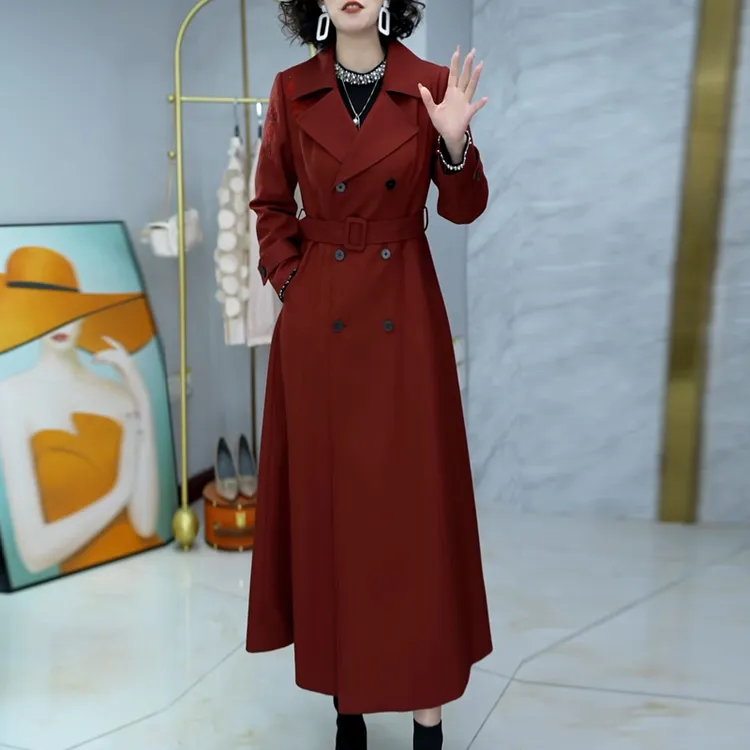 高级砖红色风衣外套2025新款秋季中长款西装领双排扣女款通勤大衣