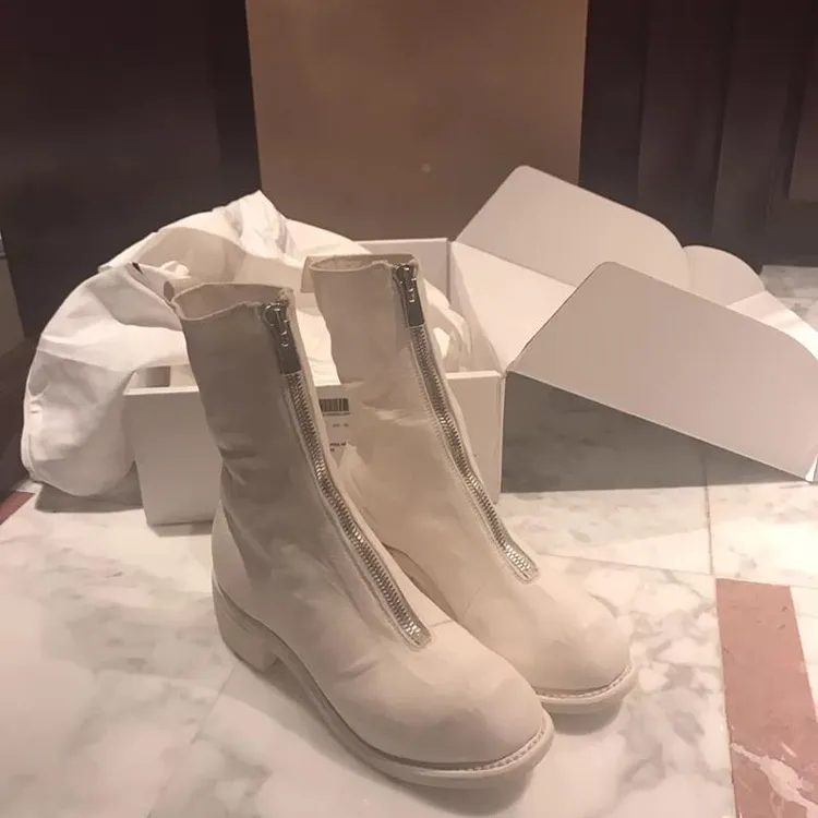 正品马丁靴女夏天单靴guidipl2瘦瘦靴中筒靴女小个子白色粗短靴女