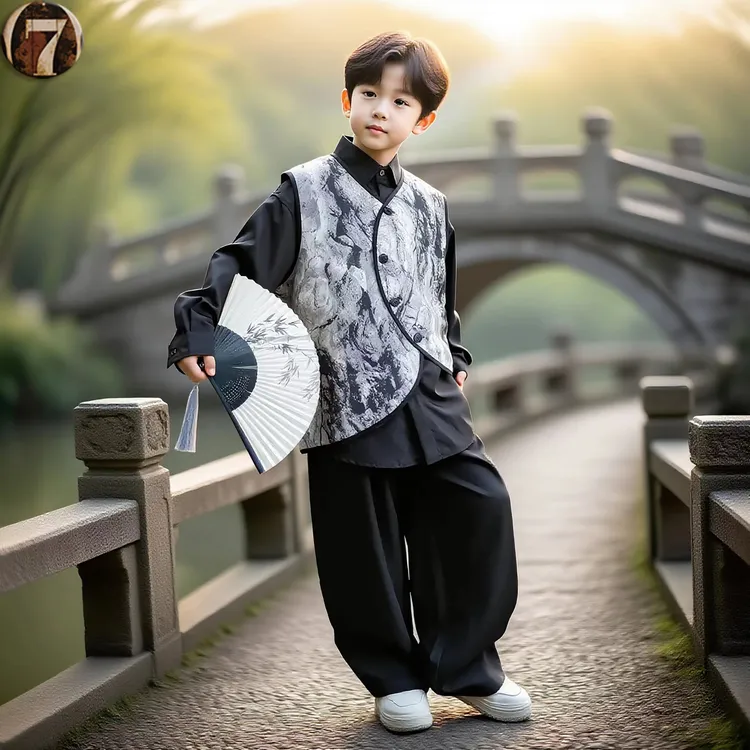 男童秋装日常可穿长袖汉服套装2025新款儿童新中式国风唐装三件套