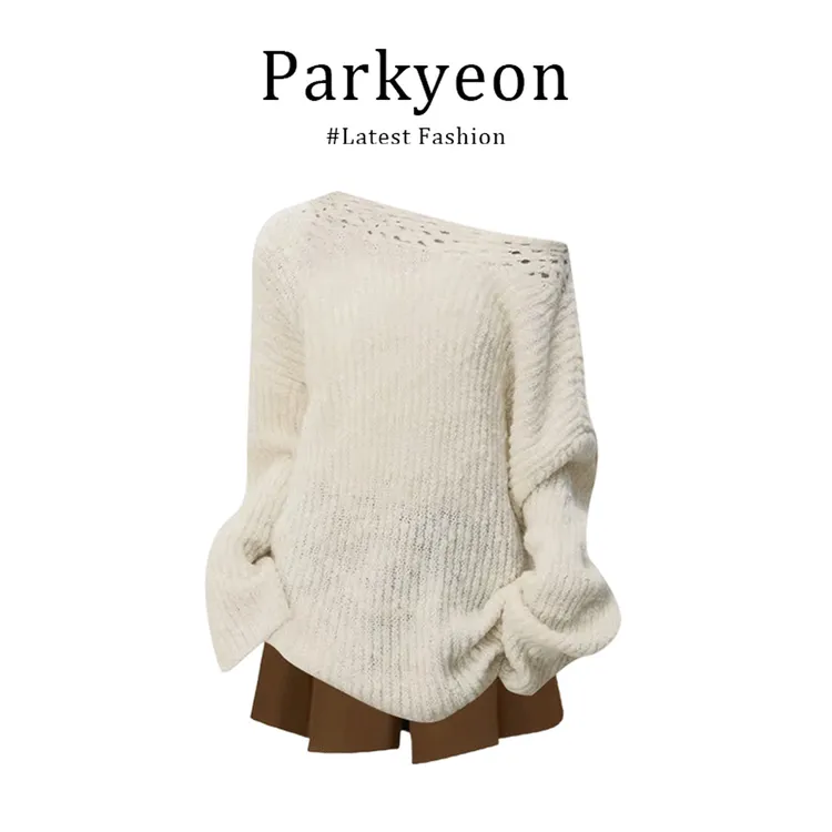 parkyeon韩系高级感不规则镂空斜肩针织衫毛衣百褶短裙秋季两件套