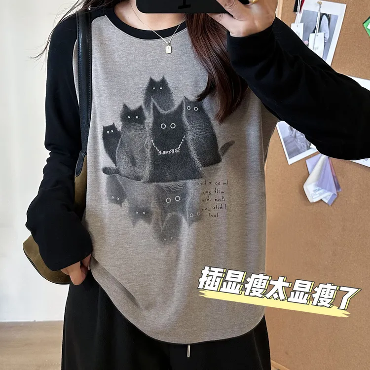 大码200斤韩系慵懒风插肩袖正肩长袖t恤女磨毛保暖遮肉显瘦打底衫