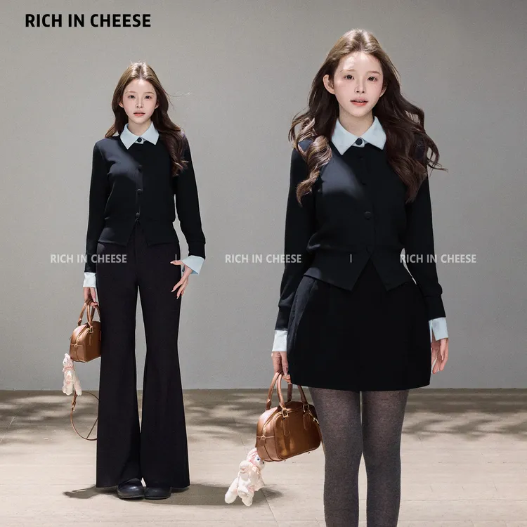 金川川 青藤学院 秋冬撞色翻领拼接假两件学院风长袖针织上衣