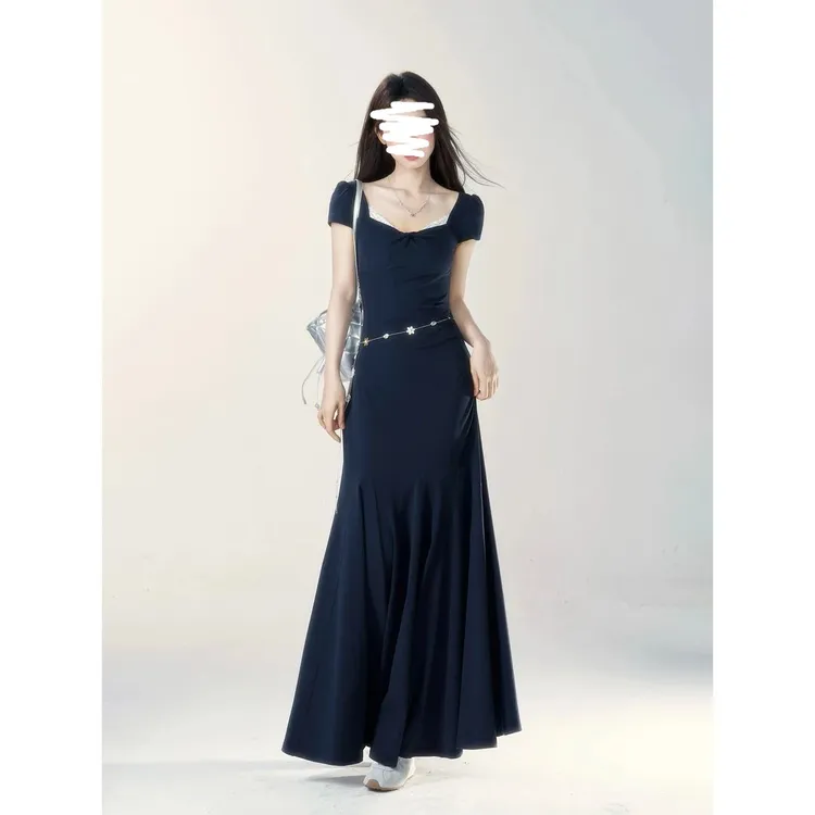 赠运费补贴 法式气质蕾丝方领收腰显瘦精致短袖连衣裙夏季长裙子